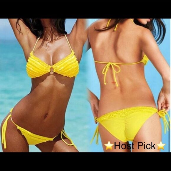 Women’s NWT Yellow Bikini Swimsuit With Ruffles - Picture 3 of 7